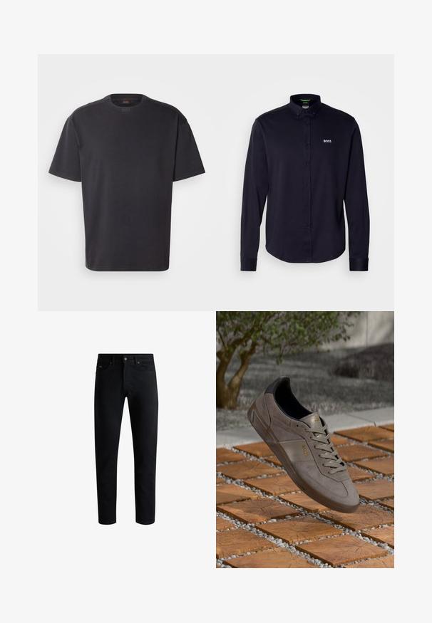 Mustad lühikeste varrukatega must T-särk, mis on valmistatud puuvillast, ümarate kaelustega ja peene brändinguga krael. Sile tekstuur ja mugav lõige.; Tumesinise pika varrukaga nööpidega särk, millel on krae ja rinnal valge "BOSS" logo, valmistatud siledast, tekstureeritud kangast.; Must mustrikot, viie taskuga, nupuga sulgus ja vöökonksudega, esitatud valge tausta ees.; Hallide hallhad sneaker, mille mustade aktsentidega, tekstuuriga pinnaga, nööridega esiosa ja kuldne logo detail küljel.