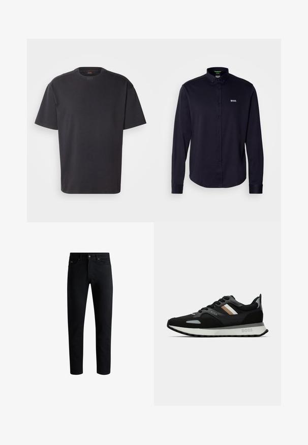Juodas trumpas rankovėmis T-pragys, pagamintas iš medvilnės, su apvaliu kaklu ir subtiliu prekės ženklu prie apykaklės. Sklandus paviršius su laisvu kirpimu.; Tamsiai mėlyna ilgomis rankovėmis mygtukinė marškinė su apykakle, su baltu "BOSS" logotipu krūtinėje, pagaminta iš glotnaus, tekstūrinio audinio.; Juodos slim fit džinsinės kelnės su penkiomis kišenėmis, mygtukų uždarymu ir diržo kilpomis, parodytos prieš baltą foną.; Juodas bėgimo batelis su struktūrizuota paviršiumi, šviesiai pilkomis akcentais ir trimis horizontaliosiomis rudo atspalvio juostomis. Savyje turi baltą paminkštintą padu.