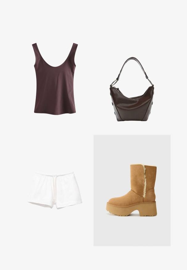 Self. Toppi - chocolate brown; Valkoiset puuvillashortsit, joissa on joustava vyötärö ja naru, jotka ovat sileäpintaiset ilman kuvioita tai lisäkoristeita.; UGG NEW HEIGHTS CUFF - Talvisaappaat - chestnut; Tumma ruskea nahkalaukku, jossa on kaareva muoto, vetoketjusuljenta ja lyhyt kahva. Varustettu metalliosilla ja koristeellisilla mustilla nappuloilla sivuilla.