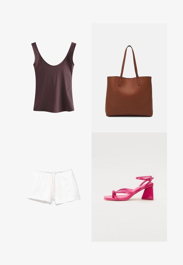 Self. Top - chocolate brown; Witte katoenen shorts met een elastische tailleband en een trekkoord, met een gladde textuur en zonder patronen of extra accenten.; Roze lakleren sandalen met hakken, een vierkante punt, smalle banden en een geometrische blokhak. Met een gespdetail op de band.; Bruine leren tote bag met een gladde textuur, een ontwerp met een open bovenkant en twee schouderbanden. Kenmerkt zich door minimale stiksels en geen zichtbare hardware.