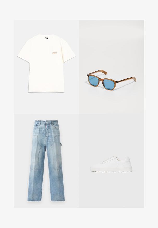 Camiseta de algodón de manga corta color crema, con un pequeño bolsillo con detalle de etiqueta en la esquina superior izquierda. Diseño de cuello redondo.; Jeans anchos de mezclilla azul claro con una textura desgastada, bolsillos frontales y costuras distintivas, que presentan un corte relajado y un hardware minimalista.; Zapatilla blanca con parte superior de cuero suave, puntera redondeada, cordones, acentos laterales texturizados y suela de goma gruesa. Diseño minimalista.; Gafas de sol de montura de plástico marrón con lentes azules, forma cuadrada, brazos delgados, acentos texturizados en las patillas y un acabado pulido.