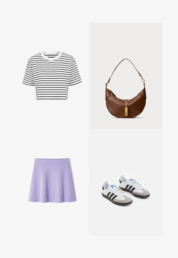 Biała krótka koszulka z czarnymi poziomymi paskami, okrągłym dekoltem i krótkimi rękawami. Wykonana z bawełnianej tkaniny, gładka w dotyku.; Lawendowa spódnica o rozszerzanym kroju, wykonana z teksturowanej tkaniny. Posiada wysoki stan i kształt litery A, co zapewnia gładką sylwetkę i swobodny fason.; Buty sportowe z białą skórzaną cholewką, szarym zamszowym noskiem i trzema czarnymi paskami. Posiadają niebieskie logo na języku oraz teksturowaną gumową podeszwę.; Brązowa skórzana torba na ramię o zaokrąglonym kształcie, ze złotymi detalami, zapięciem u góry oraz akcentem logo. Gładka faktura z przeszytymi krawędziami.