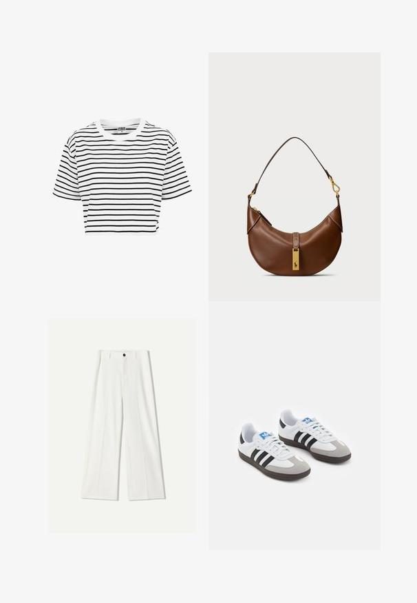 Witte cropped t-shirt met zwarte horizontale strepen, ronde halslijn en korte mouwen. Gemaakt van katoenen stof, met een gladde textuur.; Witte wijde pantalon van soepel materiaal, met een sluiting aan de voorkant met een knoop en geplooide details. Plat voorkant ontwerp, zonder zichtbare zakken.; Sportschoenen met een witte leren bovenkant, grijze suède neus en drie zwarte strepen. Bevat een blauw logo op de tong en een gestructureerde rubberen zool.; Bruine leren schoudertas met een gebogen vorm, gouden hardware, bovenklepdetail en een logoaccent. Gladde textuur met gestikte randen.