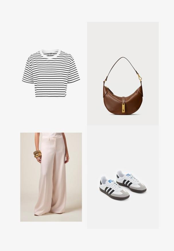 T-shirt bianca corta con righe orizzontali nere, scollatura tonda e maniche corte. Realizzata in tessuto di cotone, di consistenza liscia.; Pantaloni a gamba larga, rosa chiaro, realizzati in tessuto morbido, caratterizzati da una chiusura con bottone, tasche laterali e una vestibilità sagomata. Accentuati da bracciali dorati.; Scarpe sportive con tomaia in pelle bianca, punta in suede grigia e tre strisce nere. Presentano un logo blu sulla linguetta e una suola in gomma testurizzata.; Borsa a spalla in pelle marrone con forma curvata, hardware dorato, dettaglio con gancio superiore e accento con logo. Texture liscia con bordi cuciti.