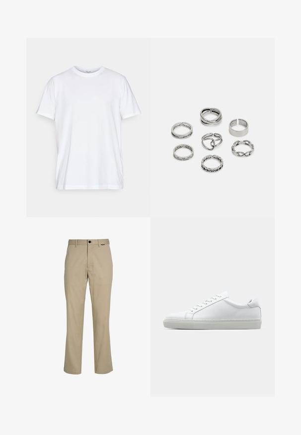 White cotton t-shirt with short sleeves, round crew neckline, and a relaxed fit. Features minimalistic design, no patterns or accents.; Beige, straight-leg trousers made of cotton blend fabric. Features a flat front, belt loops, a button closure, and slant pockets.; White sneaker with a smooth leather upper and a low profile. Features a rounded toe, six eyelets, and a textured rubber sole.; Set of seven silver rings featuring various designs, including twisted, linked, and engraved patterns. Different shapes and widths.