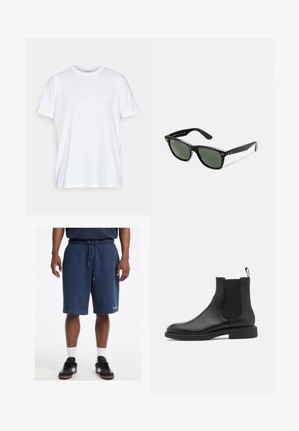 Fehér pamut póló rövid ujjakkal, kerek nyakkivágással és laza fazonnal. Minimalista dizájn jellemzi, nincsenek minták vagy díszek.; Sötétkék pamut short, rugalmas derékkal, húzózsinórral, oldalsó zsebekkel és a "GUESS" logóval az elülső szegélyen.; Fekete bőr bokacsizma sima felülettel, elasztikus oldalsó panelekkel és egy húzófüllel. Kerek orr és lapos gumi talp minimális bordázattal.; Fekete műanyag napszemüveg zöld lencsékkel, négyzet alakú kerettel, ezüst díszítéssel a keret felső részén, valamint texturált szárakkal. A márka neve a belső száron található.