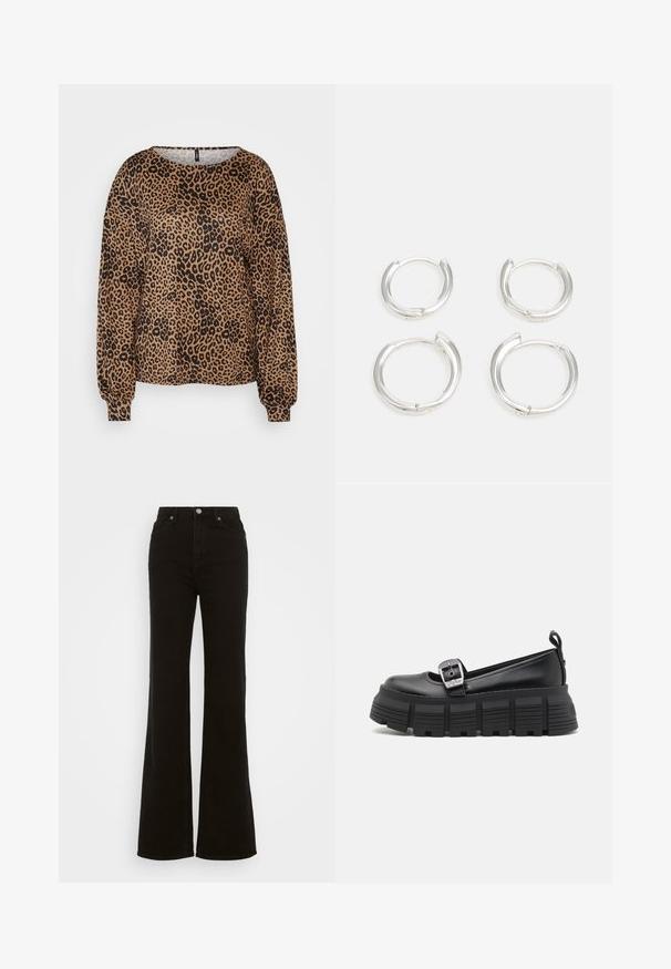 Brūns garo piedurkņu džemperis ar melnu leopardu rakstu, plats apkakles izgriezums un elastīgas aproces. Mīksts, teksturēts audums ar brīvu piegriezumu.; Augstas jostas melni izplūduši džinsi, kas izgatavoti no denima, ar pogu aizdari, sānu kabatām un gludu tekstūru.; Melni platforma loafers ar noapaļotu purngalu, gludu ādas virsu, regulējamu sprādzi un teksturētu gumijas zoli ar horizontālām ribām.; Sudraba riņķveida auskari, ar gludu, pulētu virsmu. Divi pāri ar nedaudz atšķirīgu izmēru. Vienkāršs, apaļš dizains, viegli.