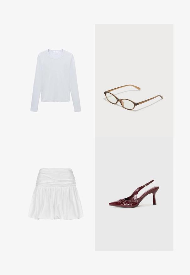 Light blue long-sleeve shirt made of soft fabric, featuring a round neckline and a relaxed fit, with minimal seams and no visible embellishments.; White mini skirt with gathered waistband, flowing A-line shape, smooth fabric texture, and ruffled hem for added volume and movement.; Burgundy patent leather slingback heels with a pointed toe and ruffled detailing, featuring a slender heel and an adjustable ankle strap.; Brown tortoiseshell glasses with oval lenses, thin arms, and transparent accents. Features a subtle logo on the temple. Sleek, lightweight design.; Tan suede handbag with two long handles, rectangular shape, and decorative stitching. Features a side strap and subtle gold hardware accents.