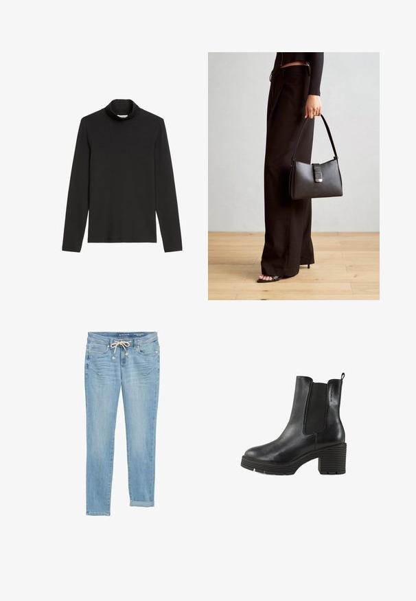 Maglietta nera a maniche lunghe con colletto alto realizzata in tessuto morbido; presenta un colletto alto e un design aderente, senza motivi o accentuazioni visibili.; Jeans in denim azzurro chiaro con una vestibilità dritta, vita con coulisse elastica, orli arrotolati e tasche frontali. Progettati con una leggera scoloritura.; Stivale alla caviglia in pelle nera con lati elasticizzati, tacco spesso e texturizzato, e un pratico inserto per il tallone. Punta arrotondata e suola a coste distintive.; Borsa nera con forma strutturata, texture liscia e una chiusura metallica. Abbinata a pantaloni neri larghi e sandali open-toe su un pavimento in legno.