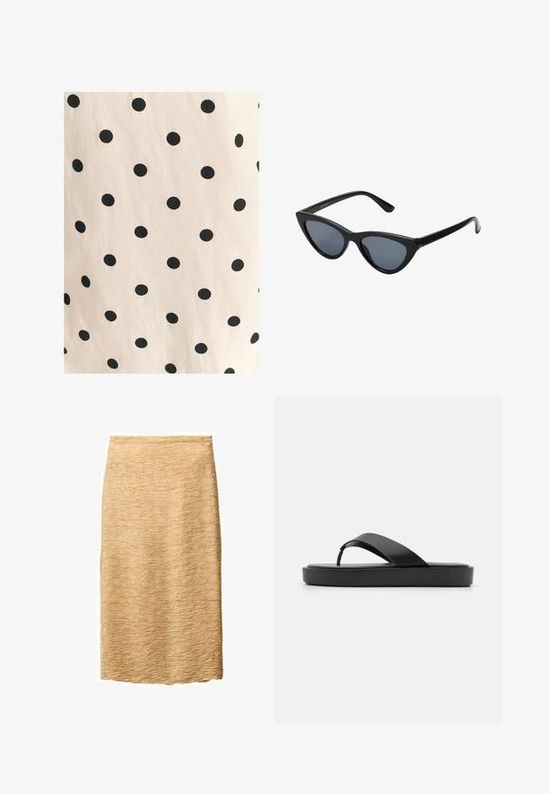Tissu avec des pois noirs sur un fond beige clair. Le design présente des cercles pleins, espacés uniformément, sur une texture lisse.; Jupe crayon beige avec une surface texturée, présentant un motif de vagues subtil. Longueur genou et fabriquée à partir d'un tissu léger.; Sandales en plastique noires avec une sangle supérieure lisse et une semelle plateforme texturée. Design minimaliste avec une silhouette discrète.; Lunettes de soleil noires en forme d'œil de chat avec des verres gris foncé, monture en plastique élégante, coins pointus et branches droites. Pas de métal visible ni d'accents.; Sac en paille tissé naturel avec une surface texturée, un grand dessus ouvert, une forme courbée et une anse en cuir foncé. Présente un accent noir à la base.