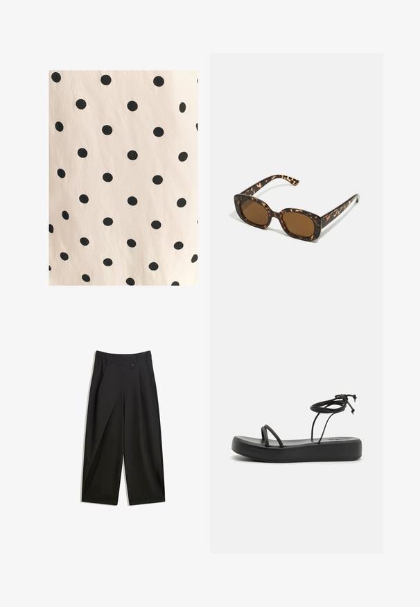 Látka s černými puntíky na světle béžovém pozadí. Design obsahuje rovnoměrně rozložené, plné kroužky na hladkém povrchu.; Černé kalhoty s širokými nohavicemi vyrobené z hladké látky. Mají přední sklady, zapínání na knoflík a upravený pas pro štíhlý střih.; Černé ploché sandály se širokou podrážkou, tenkými pásky a nastavovací šňůrkou na kotníku. Hladký povrch s minimalistickým designem.; Sluneční brýle ve skořápce želvy s kulatým, širokým rámem a hnědými čočkami. Mají jemné vzory a rovné, zúžené stranice.; Přírodní tkaná slámová taška s texturovaným povrchem, velkým otevřeným topem, zakřiveným tvarem a tmavým koženým popruhem. Má černý akcent na dně.