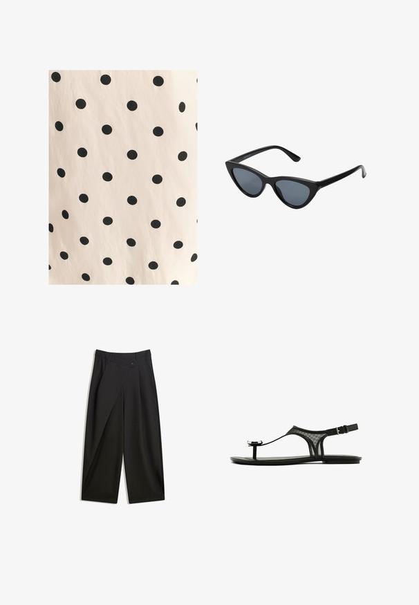 Stof med sorte prikker på en lys beige baggrund. Designet har jævnt fordelt, solide cirkler på en glat tekstur.; Sorte vidde bukser lavet af glat stof. Har en frontfold, knaplukning og en skræddersyet talje for en strømlinet pasform.; Sorte flade sandaler med en mesh-rem, tynd toe-loop og justerbar ankelspænde. Har et strømlinet, minimalistisk design med glinsende detaljer.; Sorte katteøje solbriller med mørkegrå linser, slankt plastisk stel, spidse hjørner og lige stænger. Ingen synlig hardware eller dekorationer.; Naturlig vævet stråtaske med en tekstureret overflade, stor åben top, buet form og en mørk læderrem. Har en sort accent i bunden.