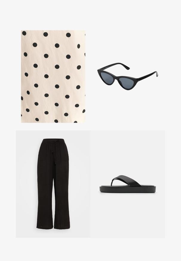 Stof met zwarte stippen op een lichtbeige achtergrond. Het ontwerp heeft gelijkmatig verdeelde, volle cirkels op een gladde structuur.; Zwarte wijde broek van lichtgewicht stof, met een elastische tailleband en een trekkoord. Soepele textuur en een ontwerp met volledige lengte.; Zwarte flip-flop sandalen met een soepele bovenband en een gestructureerde platformzool. Minimalistisch ontwerp met een laag profiel.; Zwarte cat-eye zonnebril met donkergrijze lenzen, slank plastic frame, puntige hoeken en rechte pootjes. Geen zichtbare hardware of accenten.; Natuurlijk geweven strookentasje met een gestructureerd oppervlak, grote open bovenkant, gebogen vorm en een donkere leren band. Kenmerkt zich door een zwarte accent aan de basis.
