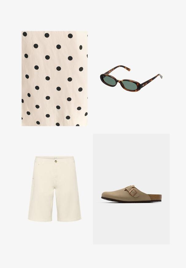 Kangas jossa on mustia pilkkuja vaaleanbeige taustalla. Suunnittelussa on tasaisin välein sijoitettuja, kiinteitä ympyröitä sileällä pinnalla.; Vaaleankreemiset, puuvillasta valmistetut shortsit, joissa on nappikiinnitys, vyölenkit ja sivutaskut; sileä pinta suoran leikkauksen muotoilulla.; Beige klootziga muudest jalatsitest ümara varbaga, reguleeritava pandla aktsendiga ja korkjalatsiga. Tekstureeritud pind mustast kummist tallaga haardeks.; Kilpikonnakuosisuntit, joissa on soikeat kehykset ja vihreät linssit. Ominaisuuksiin kuuluu ohuet varret, joissa on metallinen korostus saranan lähellä.; Luonnollinen kudottu olkalaukku olki-materiaalista, jossa on teksturoitu pinta, tilava avoin yläosa, kaareva muoto ja tumma nahkaremmi. Pohjassa on musta yksityiskohta.