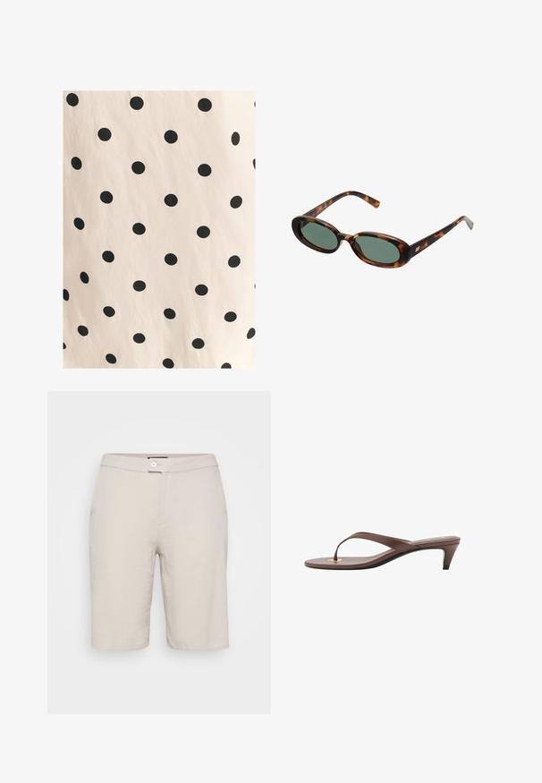 Kangas jossa on mustia pilkkuja vaaleanbeige taustalla. Suunnittelussa on tasaisin välein sijoitettuja, kiinteitä ympyröitä sileällä pinnalla.; Beige puuvillashortsit nappisuljennuksella, kahdella sivutaskulla ja suoran leikkauksen kanssa. Ominaisuuksiin kuuluu sileä pinta ja yksinkertainen muotoilu.; Kahvoit varrelliset flip-flop sandaalit, joissa on hoikka hihna ja pyöristetty varvasosa, sekä pieni kultainen yksityiskohta pohjalla.; Kilpikonnakuosisuntit, joissa on soikeat kehykset ja vihreät linssit. Ominaisuuksiin kuuluu ohuet varret, joissa on metallinen korostus saranan lähellä.; Olivi vihreä nahkainen käsilaukku pyöreällä muotoilulla, joissa on kaksinkertaiset kahvat ja saumaton etuosa. Ominaisuuksiin kuuluu sileä pinta ja hillityt tikkaustiedot.