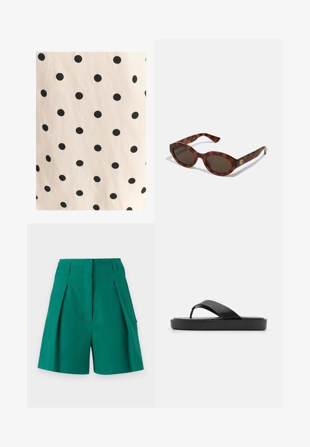 Tessuto con pois neri su uno sfondo beige chiaro. Il design presenta cerchi solidi, equidistanti, su una superficie liscia.; Pantaloni verdi con un tessuto texturizzato, dettagli a pieghe e tasche laterali. Il design è sagomato con una vita alta e una vestibilità dritta.; Infradito neri con una fascia superiore liscia e una suola piatta strutturata. Design minimalista con una silhouette a profilo basso.; Occhiali da sole in tartaruga con montatura arrotondata, lenti scure e dettagli in oro sul tempio. Materiale in plastica liscia, senza schemi visibili.; Borsa tote in paglia intrecciata naturale con superficie testurizzata, grande apertura superiore, forma curva e manico in pelle scura. Presenta un accento nero alla base.