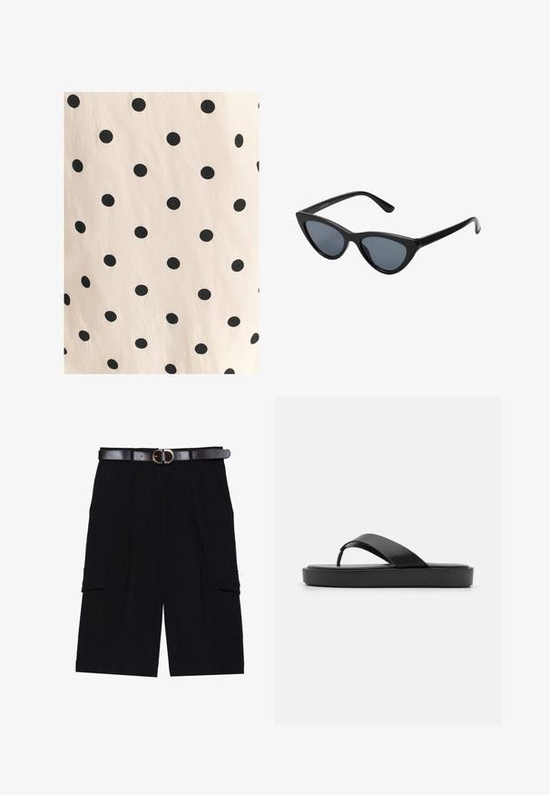 Tkanina s črnimi pikami na svetlo bež ozadju. Oblikovanje vsebuje enakomerno razporejene, trdne kroge na gladki teksturi.; Črne cargo kratke hlače iz lahkega blaga, s širšim krojem, stranskimi žepi in rjavim usnjenim pasom s srebrno sponko.; Črne japonke s gladkim zgornjim trakcem in teksturiranim podplatom. Minimalističen dizajn z nizkim profilom.; Črne mačje oči sončna očala z temno sivo lečo, elegantnim plastičnim okvirjem, ostrimi koti in ravnimi vseski. Brez vidnih kovinskih delov ali okrasitev.; Naravna pletena slamnata torba z teksturirano površino, velikim odprtim vrhom, ukrivljeno obliko in temnim usnjenim ročajem. Ima črn dodatek na dnu.