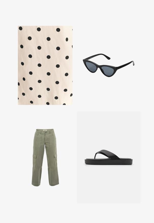 Kangas, millel on mustad täpid heleda beeži tausta peal. Disain sisaldab ühtlaselt jaotatud, ühetaolisi ringe siledal tekstuuril.; Khaanid kulged on puuvilla segust. Omab kahte suurt külgtaskut, kahte esistaskut ning otse, lõdva lõikega koos tõmbluskudede aktsentidega.; Mustad mustikad sandaalid siledast ülemisest rihmast ja tekstureeritud platvormitald. Minimalistlik disain ja madala profiiliga siluett.; Mustad musta kassi silmadega päikeseprillid tumedate hallide läätsedega, stiilne plastraam, teravad nurgad ja sirged kaared. Nähtavad metallist osad või aksessuaarid puuduvad.; Looduslikult punutud heina ostukott tekstureeritud pinnaga, suure avaga ülaosa, kaarjas kuju ja tume nahkrihm. Alusel on must aktsent.