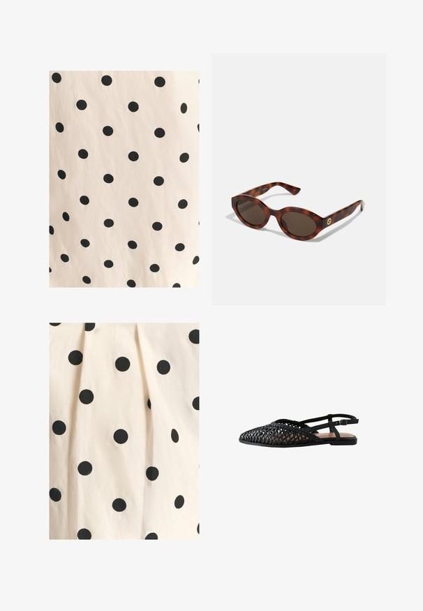 Tkanina w czarne kropki na jasnobeżowym tle. Wzór składa się z równomiernie rozmieszczonych, jednolitych okręgów na gładkiej fakturze.; Tkanina bawełniana ma kremowe tło z równomiernie rozmieszczonymi czarnymi kropkami. Tekstura wydaje się gładka z lekkim efektem drapowania.; Czarne plecione buty na odkrytej pięcie z wąskim noskiem, płaską podeszwą i regulowanym paskiem na kostce. Charakteryzują się otwartym wzorem dla lepszej wentylacji.; Okulari w karmelowo-brązowym wzorze z okrągłymi oprawkami, ciemnymi soczewkami i złotymi detalami logo na zausznikach. Gładki plastikowy materiał, brak widocznych wzorów.; Torebka z sztucznej skóry w limonkowym kolorze o zdefiniowanej, zaokrąglonej formie i pojedynczym węzłowym uchwycie. Gładka tekstura z klapkowym zapięciem.; Charm w czerwonym emaliowanym papryczce chili z złotym oczkiem. Kształt jest wydłużony z zielonym akcentem u góry, z błyszczącym wykończeniem.