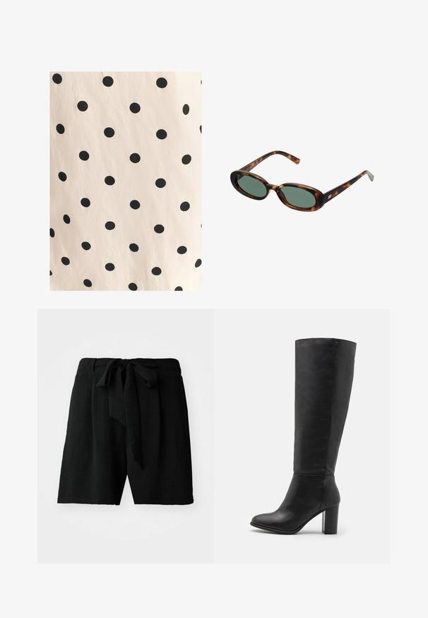 Tkanina w czarne kropki na jasnobeżowym tle. Wzór składa się z równomiernie rozmieszczonych, jednolitych okręgów na gładkiej fakturze.; Czarne szorty wykonane z teksturowanej tkaniny, z wiązaniem w pasie i luźnym krojem, sięgające do połowy uda.; Czarne kozaki do kolan wykonane z gładkiej skóry, z szerokim obcasem i zaokrąglonym czubkiem. Minimalistyczny design bez widocznych elementów metalowych czy dekoracji.; Okulary przeciwsłoneczne w kolorze tortoise z owalnymi oprawkami i zielonymi soczewkami. Posiadają cienkie zauszniki z metalowym akcentem przy zawiasach.; Oliwkowa skórzana torebka w zaokrąglonym kształcie, z podwójnymi uchwytami i gładkim przodem. Posiada gładką teksturę i subtelne detale w postaci szwów.; Srebrne kolczyki w formie kółek o gładkim, polerowanym wykończeniu. O okrągłym kształcie i pewnym zapięciu na klik. Lekka konstrukcja odpowiednia do codziennego noszenia.