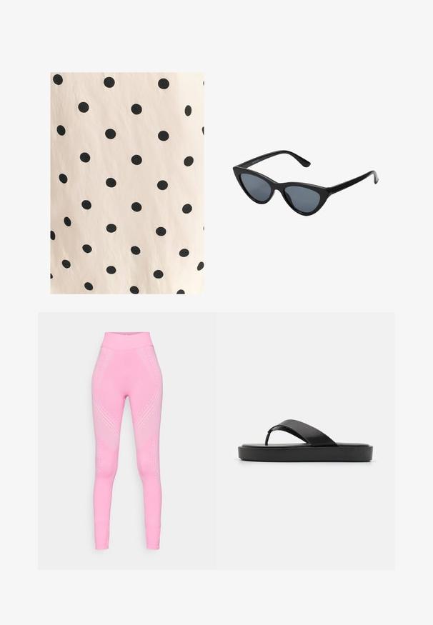 Tkanina s črnimi pikami na svetlo bež ozadju. Oblikovanje vsebuje enakomerno razporejene, trdne kroge na gladki teksturi.; Roza atletska legginga z visokim pasom, ki ima subtilne valovite vzorce in pikčaste poudarke ob straneh. Mehka in raztegljiva tkanina.; Črne japonke s gladkim zgornjim trakcem in teksturiranim podplatom. Minimalističen dizajn z nizkim profilom.; Črne mačje oči sončna očala z temno sivo lečo, elegantnim plastičnim okvirjem, ostrimi koti in ravnimi vseski. Brez vidnih kovinskih delov ali okrasitev.; Naravna pletena slamnata torba z teksturirano površino, velikim odprtim vrhom, ukrivljeno obliko in temnim usnjenim ročajem. Ima črn dodatek na dnu.