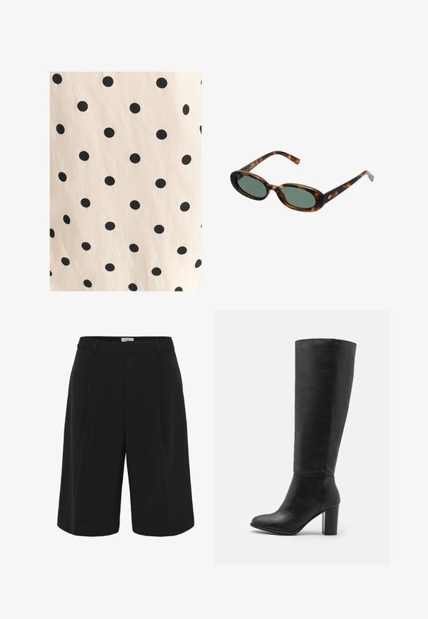 Audinys su juodomis taškelėmis ant šviesiai kreminio fono. Dizainas pasižymi tolygiai išdėstytais, vienodais apskritimais ant lygios tekstūros.; Part Two KAIRAPW - Šortai - black; Juodas iki kelių siekiantis batų stilius, pagamintas iš lygaus odos, su masyviu kulnu ir apvaliu pirštu. Minimalistinis dizainas be matomų detalių ar papuošimų.; Žvyneliai akiniai su ovaliais rėmeliais ir žaliais objektyvais. Siūlo plonas šakes su metaliniu akcentu prie vyrų.; Juodas nėriniuotas peties krepšys su lygaus odos dirželiu ir užtrauktuku. Yra tekstūruotas paviršius ir išgaubta forma.; Sidabriniai kabučiai dviejų dydžių; tekstūruotas dizainas su banginiu paviršiumi. Mažesni kabučiai virš didesnių, abu turi įtvarą.