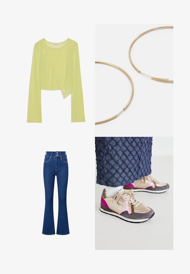 Lime green long-sleeve crop top with a round neckline and an asymmetrical hem. Lightweight, ribbed texture with decorative stitching details.; High-waisted flared jeans in dark blue denim. Features two-button closure, front pockets, and subtle stitching details along seams.; Sneakers in beige, grey, and pink hues feature a mix of smooth leather and suede. Complete with laces and a contrasting white sole.; Gold-colored hoop earrings, thin and round in shape, with a smooth metallic finish and no embellishments or patterns.