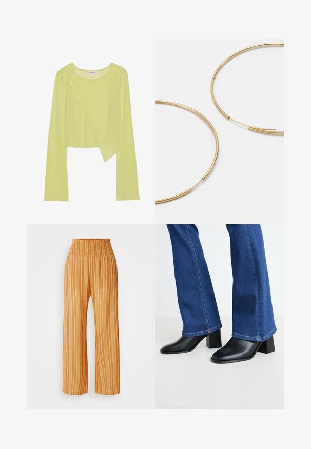 Top corto de manga larga verde lima con escote redondo y dobladillo asimétrico. Textura liviana y acanalada con detalles de costura decorativa.; Pantalones de pierna ancha en un color naranja brillante con rayas blancas verticales. Presenta una cinturilla fruncida y una tela ligera y texturizada.; Botines de cuero negros con punta cuadrada y tacón de bloque, combinados con pantalones de mezclilla azul acampanados con costuras en contraste en el dobladillo.; Pendientes de aro color dorado, delgados y redondos, con un acabado metálico suave y sin adornos ni patrones.