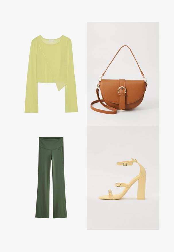 Lime roheline pikkade varrukatega lühike topp ümmarguse kaelusega ja asümmeetrilise põhjaga. Kerge, sooniline tekstuur koos dekoratiivsete õmblusdetailidega.; Laienevad retuusid ühesoolises oliivrohelises kangas, millel on sujuv vöökoht ja stiilne disain, kus ei ole silmatorkavaid mustreid ega kaunistusi.; Kollase plokk-kontsadega sandaalid, millel on kolm reguleeritavat rihma, ruudukujuline nina, sile sünteetiline materjal ja hõbedase tooni pandlad.; Pruun nahast õlakott, millel on kumer kuju, kullavärvi riistvara ja pandlaga kaunistus. Omab eemaldatavat õlarihma.