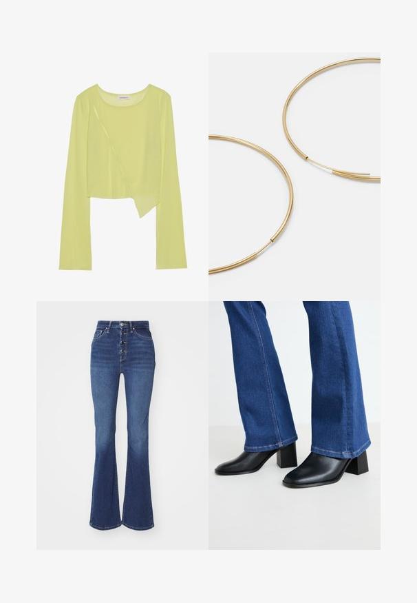 Lima zaļa garām piedurknēm crop top krekls ar apaļu izgriezumu un asimetrisku apakšmali. Viegls, ribots audums ar dekoratīvām stitching detalēm.; Augsta jostasvieta, plati džinsi tumši zilā krāsā ar pogu aizdari un piecām kabatām. Gluda tekstūra ar vieglu balināšanu pie ceļgaliem.; Melni ādas potītes zābaki ar kvadrātveida purngalu un bloku papēdi, saskaņoti ar zilu džinsu platā kāju biksēm ar kontrastējošu šuvju apdari uz apakšmalas.; Zelta krāsas auskari gredzena formā, plāni un apaļi, ar gludu metāla apdari un bez rotājumiem vai zīmējumiem.