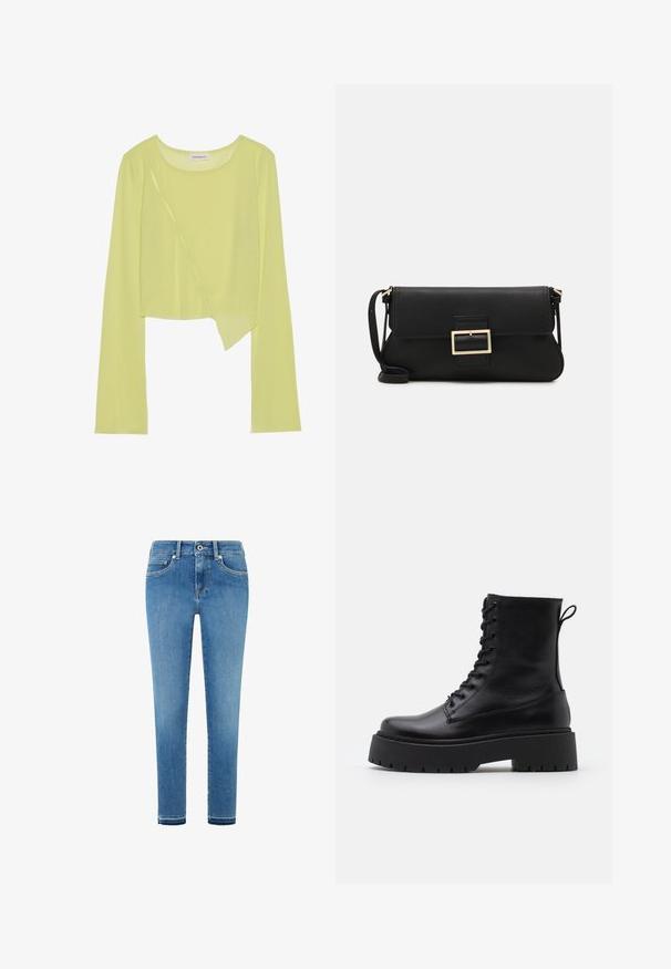 Lime roheline pikkade varrukatega lühike topp ümmarguse kaelusega ja asümmeetrilise põhjaga. Kerge, sooniline tekstuur koos dekoratiivsete õmblusdetailidega.; Sobivad helesinised teksad klassikalise viie tasku disainiga, nööbilukuga ja ees vaevu märgatava kulumisega. Näha on denimkangast tekstuuri.; Mustad mustad nahast pahkluu saapad ümarate varvastega, nööridega esiosas ja paksu kummist talla ning tekstuuritud mustriga. Tagumine tõmbeaas.; Must haben musta nahkklahviga kott, millel on klapp ja kuldne metallist pandla detail. Kaasas must rihm ja stiilne, minimalistlik disain.; Kulla värvi nõelad, õhukesed ja ümmargused, millel on sile metallist pind ja ilma kaunistuste või mustriteta.