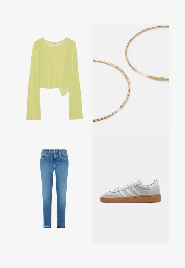 Šviesiai žalia ilgomis rankovėmis trumpa palaidinė su apvaliu iškirpimu ir asimetrišku hemu. Lengvas, raukšlėtas paviršiumas su dekoratyviniais siūlių akcentais.; Prigludę šviesiai mėlyni džinsai su klasikinio penkių kišenių dizainu, sagos uždarymu ir subtiliu nusidėvėjimu priekyje. Matoma denimo audinio tekstūra.; Šviesiai pilki zomšiniai sportbačiai su baltais odiniais akcentais, trimis baltomis juostelėmis ir rudą guminę pada, turintys paminkštintą apykaklę patogumui.; Aukso spalvos žiedo auskarai, ploni ir apvalūs, su lygiu metaliniu paviršiumi be papuošimų ar raštų.