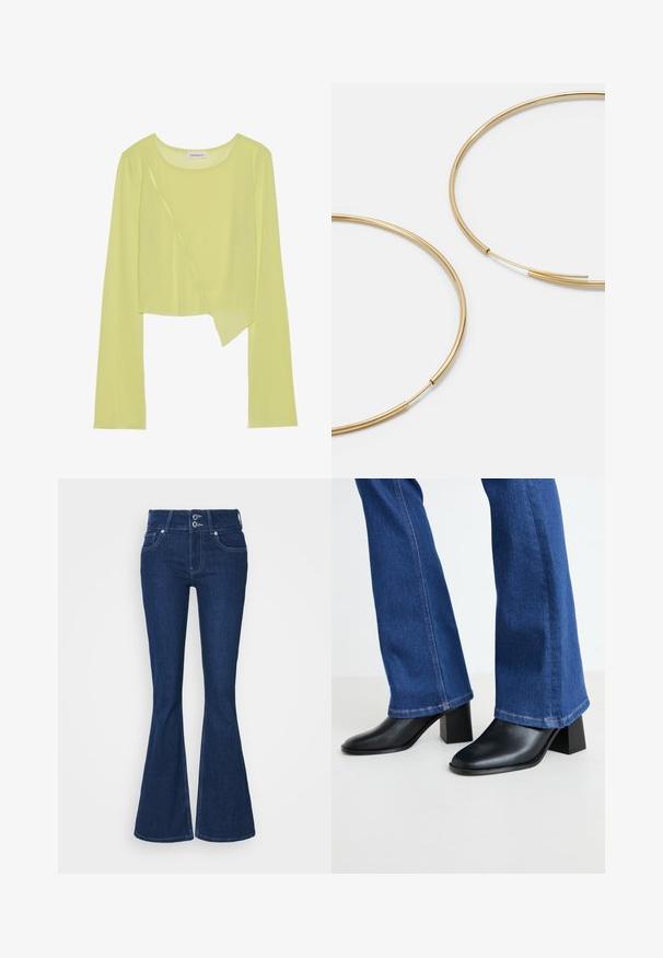 Lime zelena dolg rokav, kratka majica s krožnim ovratnikom in asimetričnim robom. Lahka, rebrasta tekstura z okrasnimi šivi.; Temno modre razširjene kavbojske hlače z visokim pasom, dvema gumboma in sprednjimi žepi. Narejene iz denima s vidnimi šivi ob šivih.; Črne usnjene gležnjarje s kvadratnim nosom in blok peto, v kombinaciji z modrimi denim flare hlačami s kontrastnim šivanjem na robu.; Zlate obroče ušesne uhane, tanke in krožne oblike, z gladko kovinsko površino brez okrasnih elementov ali vzorcev.