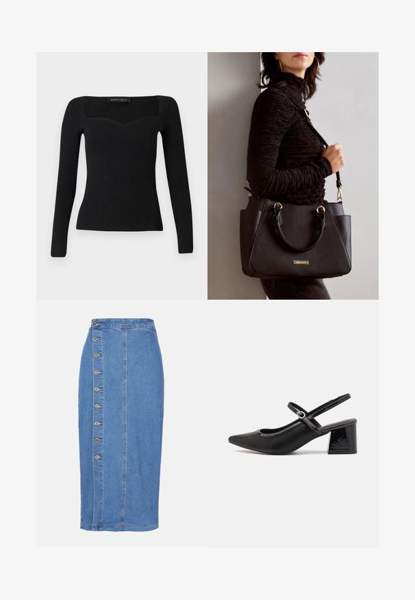 Black long-sleeve ribbed top with a square neckline, featuring a slight sweetheart shape and a fitted design.; Denim midi skirt in light blue with a front button closure, seven metallic buttons, and a straight silhouette with a hemline below the knee.; Black patent leather slingback heels with a pointed toe, a rounded cutout design, and a block heel. Features a gold-tone buckle accent.; Black handbag with textured surface, dual top handles, and adjustable shoulder strap. Features gold-tone hardware and side pockets.