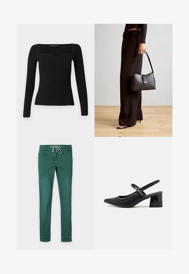 Čierny dlhý rukáv rebrovaný top so štvorcovým výstrihom, ktorý má jemný tvar srdca a priliehavý strih.; Zelené nohavice z bavlneného zmesi so strihom rovného nohavicu, s nastaviteľným pásom na šnúrku a dvoma prednými vreckami. Hladká textúra a bez vzorov.; Čierne lakované kožené lodičky so slingback dizajnom, špicatou špičkou, zaobleným výrezom a blokovým podpätkom. Obsahuje akcent zlatého tónu s prackou.; Čierna kabelka so štruktúrovaným tvarom, hladkou textúrou a kovovou sponou. V kombinácii so širokými čiernymi nohavicami a sandálmi s otvorenou špičkou na drevenej podlahe.