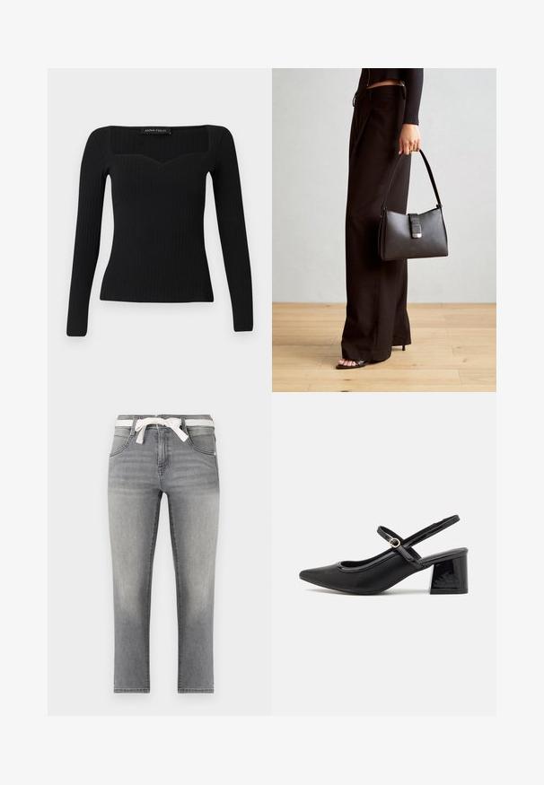 Mustad pikkade varrukatega ribidega topp, millel on ruudukujuline kaelus, kerge südamekujuline lõige ja liibuv disain.; Hallgrå denim teksad med sirgiga lõike, mis sisaldab triibulist paelavööd, esipooge ja õrnalt pleekinud kangast.; Mustad läikivad nahast slingback-kõrged kontsad, millel on terav nina, ümar lõikekujundus ja blokknina. Omab kuldset nupu aktsenti.; Must musta kott, millel on struktureeritud kuju, sile tekstuur ja metallist klamber. Kombineeritud laiate mustade pükstega ja avatud varvaste sandaalidega puidust põrandal.