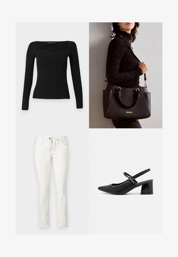Sort langærmet ribbet top med firkantet halsudskæring, der har en let sweetheart-form og et tætsiddende design.; Hvide, slim-fit bukser med snøre i taljen, frontlommer og en glat tekstur. Velegnede til afslappet brug eller uformelle omgivelser.; Sorte patentlæder slingback hæle med spids tå, rund udskæring og blokhæl. Har en guldtonet spændeaccents.; Sort håndtaske med struktureret overflade, dobbelt topbærere og justerbar skulderrem. Udstyret med guldfarvet metalhardware og sidelommer.