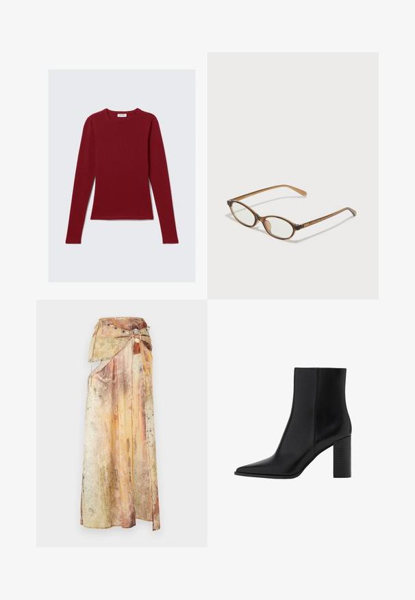 Een langslavige, ronde hals, effen bordeauxkleurige shirt platgelegd op een witte achtergrond, zonder zichtbare patronen of logo's.; Lange, gedrapeerde rok gemaakt van gelaagd, gestructureerd stof in warme tinten van geel, oranje en bruin. Heeft een decoratieve kralenriem.; Zwarte leren enkellaars met een spitse neus, vierkante hak, een gladde textuur en stikdetails langs de naden. De hakken zijn ongeveer 8,9 cm hoog.; Bruine schildpadbril met ovale lenzen, dunne armen en transparante accenten. Heeft een subtiele logo op de tempel. Strak, lichtgewicht ontwerp.