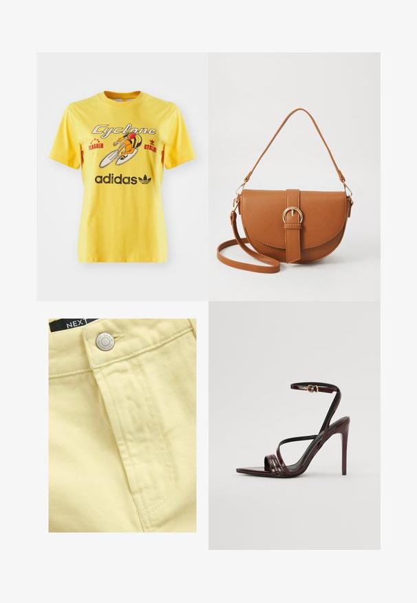 Žlté bavlnené tričko s grafikou bicykla, textom "Cyclone" a logom Adidas umiestneným na spodnej časti. Krátke rukávy.; Detailný záber žltej denimu s viditeľným gombíkom a stehovými detailmi, na ktorom je viditeľná etiketa s nápisom "NEXT DENIM."; Burgundské lakované kožené sandále na vysokom opätku s remienkom okolo členka, špicatou špičkou a tromi horizontálnymi popruhmi cez chodidlo. Zlatý sponkový detail.; Hnedá kožená kabelka cez telo s zakriveným tvarom, zlatými kovovými doplnkami a akcentom s prackou. Obsahuje odnímateľný ramenný popruh.