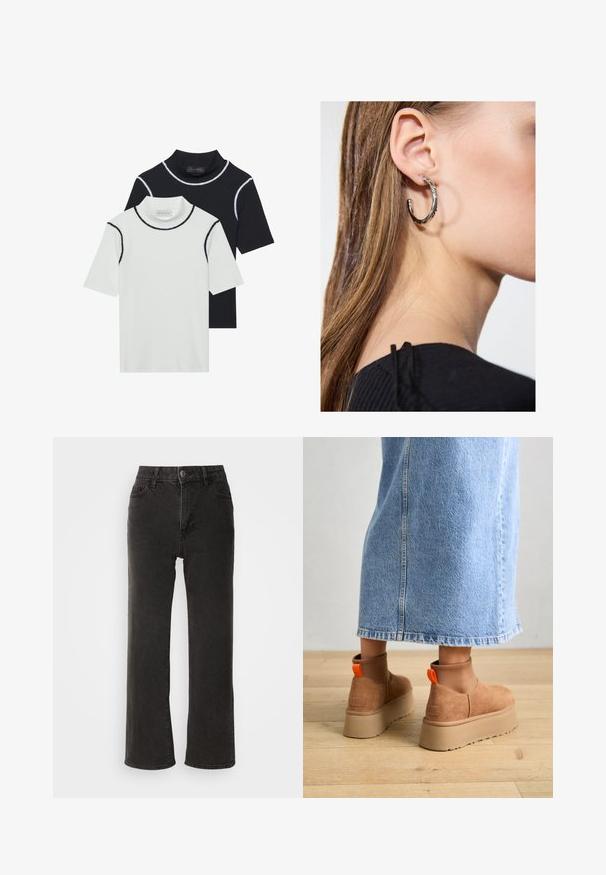 Du dujiniai trumpomis rankovėmis megztiniai, vienas baltas su juodais akcentais, kitas juodas su baltais akcentais, pagaminti iš švelnaus medvilnės ir sintetinių pluoštų mišinio.; Juodi plačios kojų džinsai, pagaminti iš džinsinio audinio, su priekiniais sagčių užsegimais, diržo kilpomis ir penkiomis kišenėmis, turinčiomis šiek tiek išblukusį tekstūrą.; Rudos zomšiniai platforminiai batai su elastingomis šoniniais panirais ir oranžinėmis kilpomis, derinami su kelio ilgio šviesių džinsų sijonu ant medinių grindų.; Sidabrinė lankinė auskarai su poliruotu paviršiumi, turintys mažus auksinius akcentus ir apvalią formą, dėvimi ant ausies kaušelio.