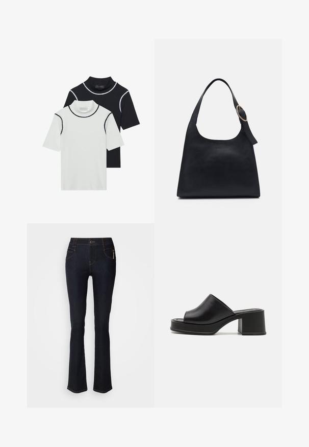 Dve krátke rukávy s rolákom, jedna biela s čiernym lemovaním a jedna čierna s bielym lemovaním, vyrobené z mäkkej zmesi bavlny.; Mos Mosh DELUXE - Džínsy s rovným strihom - dark blue; Čierne kožené platformové mule s okrúhlym otvoreným prstom, nízkym blokovým podpätkom a hladkým povrchom. Minimalistický dizajn s elegantnými líniami.; Čierna kožená taška cez rameno s hladkou textúrou, okrúhlym telom a jedným ramenným popruhom zdobeným okrúhlou zlatou kovovou dekoráciou.