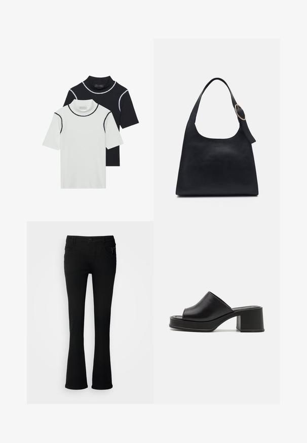 Dva kratka majica s rol kragnom složena, jedna bijela s crnim obrubom i jedna crna s bijelim obrubom, izrađena od mekane mješavine pamuka.; Crne uske traperice s raskošnim dnom, izrađene od denima, sa kopčanjem na dugme, dva prednja džepa i zip detaljem na desnom džepu.; Crne kožne platforme mule s zaobljenim otvorenim prstom, niskim blok petama i glatkom teksturom. Minimalistički dizajn s elegantnim linijama.; Crna kožna torba za nošenje s glatkom teksturom, zaobljenim oblikom i jednim remenom za rame koji ima okrugli zlatni ukras.