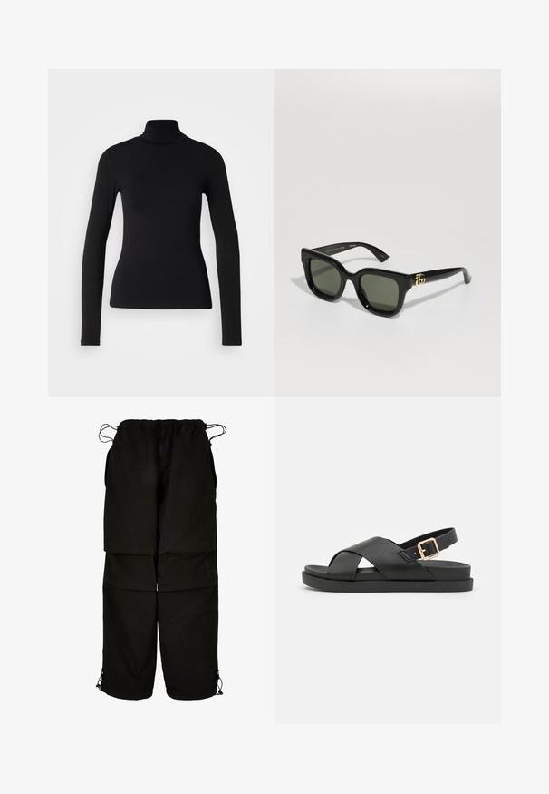 Černý rolák vyrobený z elastického materiálu. Má dlouhé rukávy, přiléhavý střih a hladkou texturu bez vzorů či ozdob.; Černé kalhoty vyrobené z lehkého materiálu, s nastavitelným pasem a šňůrkovými lemy. Navrženy v volném, oversized střihu a s několika kapsami.; Černé sandály na podpatku s kříženými popruhy, vyrobené z texturovaného materiálu. Mají plochou podrážku a akcent zlatého tónu na patě.; Černé obdelníkové sluneční brýle s tmavě zelenými skly. Vyznačují se lesklým plastovým rámem a zlatými kovovými doplňky po stranách.