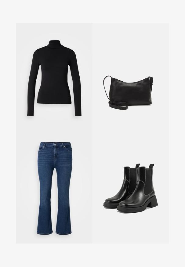 Czarny sweter z golfem wykonany z elastycznej tkaniny. Posiada długie rękawy, dopasowany krój oraz gładką strukturę bez wzorów i ozdób.; Ciemnoniebieskie dżinsy z rozkloszowanym dołem, wykonane z denimu, z pięcioma kieszeniami i zamkiem błyskawicznym. Tkanina ma lekko teksturowaną powierzchnię i klasyczne wykończenie.; Czarne skórzane botki Chelsea na mocnej podeszwie, z elastycznymi panelami bocznymi i kontrastującym białym ściegiem. Teksturowane wykończenie.; Czarna skórzana torba na ramię o gładkiej fakturze, zakrzywionym kształcie, regulowanym pasku i zapięciu na zamek. Minimalistyczny design bez zdobień.