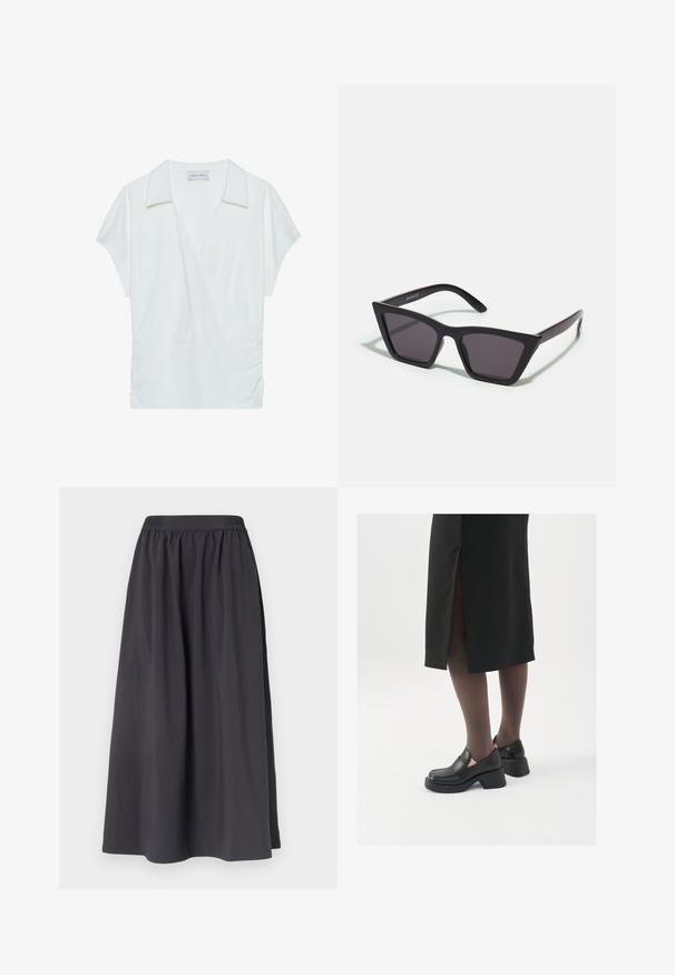 Balta apykaklė, surišta palaidinė, pagaminta iš lygaus audinio, su trumpomis rankovėmis ir raukinių detalėmis juosmenyje, suteikiančiomis laisvą siluetą.; Juodas medvilnės sijonas su elastingu juosmeniu, A formos siluetas, lygia tekstūra, siekiantis per vidurį blauzdų, be matomų raštų ar detalijų.; Juodos odinės bateliai su apvaliu nosiu, stora blokine pakulne ir elastingais šonais, derinami su tamsiomis pėdkelnėmis ir juoda sijonu su plyšiu.; Juodos, kampuotos saulės akinios su pilkais stiklais; pagaminti iš plastiko, su storomis šakėmis, turinčiomis lygų paviršių ir be matomų detalių.; Sidabrinės pusmėnulio auskarai minimalistiniu dizainu. Apskritimo forma, lygus paviršius ir plonas profilis. Lengvi su poliruotu apdailu.