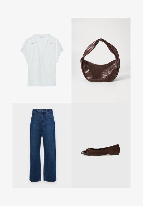 Biela blúzka s rolákovým výstrihom vyrobená z hladkého materiálu, s krátkymi rukávmi a zhrnutím v oblasti pásu pre uvoľnený strih.; Tmavomodré džínsové nohavice s širokými nohavicami, vysokým pásom, päť-vreckovým dizajnom a viditeľným šitím pozdĺž švov.; Hnedé semišové balerínky s lesklou tmavohnedou lakovanou špičkou a malou mašľou v prednej časti. Plochý podpätok.; Hnedá tkaná kožená kabelka s zakrivenou, uzlovou rukoväťou a zipsovým uzatvorením. Hladký povrch a zaoblený tvar.