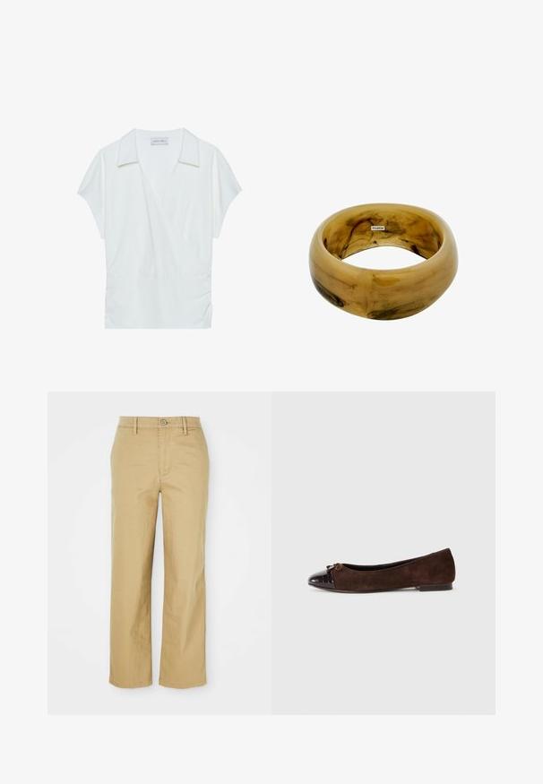 Bela bluzica s ovratnikom, izrađena od glatkog materijala, s kratkim rukavima i nabranim detaljima u struku za opuštenu figuru.; Beige bombažne hlače s ravnim krojem. Imajo gumb zapiranje, zanke za pas in sprednje žepe, lahkotna tekstura.; Rjave semiš baletke z lesketajočim temno rjavim lakiranim pokrovom in majhnim poudarkom v obliki pentlje spredaj. Ravna peta.; Prozoren rjav lesni bangle z gladko, zaobljeno površino in subtilnim marmorjem; vključuje majhno blagovno oznako na notranji strani.