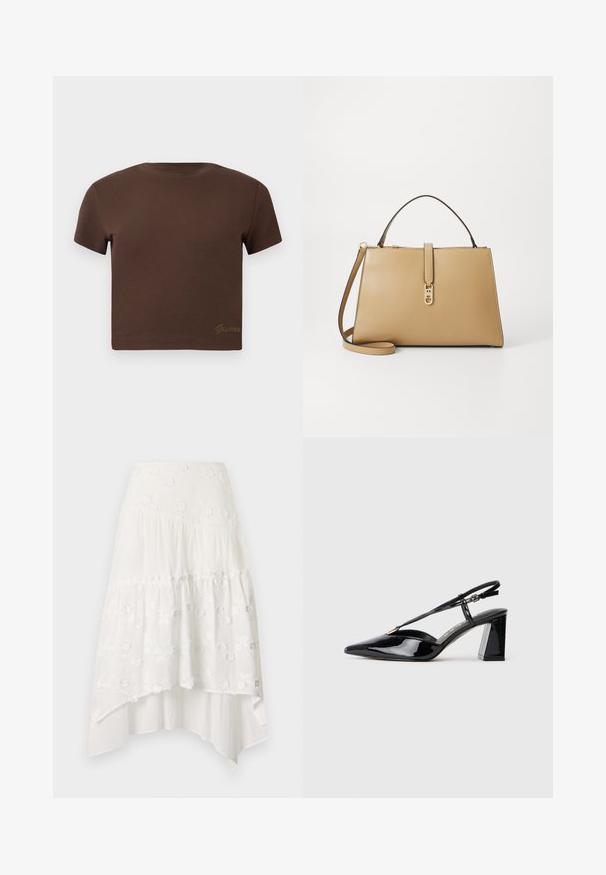 Bruine cropped t-shirt van zacht katoen, met korte mouwen en een ronde halslijn. Inclusief subtiel 'Guess' logo in goud aan de onderkant.; Witte, gelaagde rok met bloemenborduurwerk. Heeft een aansluitende tailleband en vloeiende, gelaagde stof, wat zorgt voor een asymmetrische zoom.; Zwarte gepatineerde lederen slingback hakschoenen met een spitse neus, verstelbare band en stevige rechthoekige hak.; Tommy Hilfiger LIBRE SATCHEL - Handtas - safari