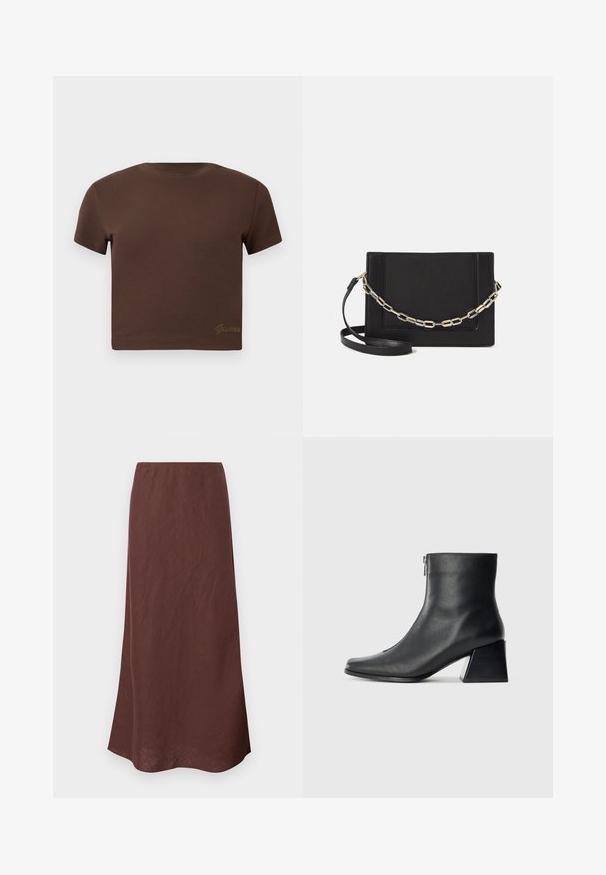 Ruskea lyhythihainen cropped t-paita pehmeää puuvillaa, jossa on pyöreä pääntie. Sisältää hillityn "Guess" -logon kultaisena alareunassa.; Ruskea, pitkä hame, joka on valmistettu kevyestä kankaasta. Ominaisuuksiin kuuluu yksinkertainen muotoilu suoran leikkauksen ja sileän pinnan kanssa. Helma on hieman kaareva.; Mustat nahka nilkkurit, joissa on nelikulmainen kärki, sivuvetoketju ja lohkarekorko, taustalla vaalea yksinkertainen tausta.; Musta nahkainen olkalaukku, jossa on sileä pinta, suorakulmainen muoto ja metalliketju yksityiskohtana edessä. Mukana säädettävä hihna.