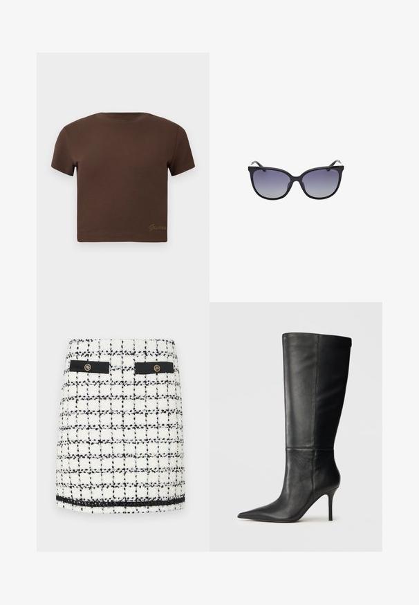Maglietta cropped marrone in morbido cotone, con maniche corte e scollatura rotonda. Include il logo "Guess" in oro in modo discreto nella parte inferiore.; Mini gonna in tweed bianco e nero, con motivo a griglia, dettagli neri, due tasche frontali e bottoni dorati.; Stivale in pelle nera al ginocchio con punta affilata e sottile tacco a stiletto, texture liscia, profilo laterale su sfondo neutro.; Occhiali da sole neri a forma di occhio di gatto con lenti sfumate, dotati di una montatura in plastica liscia e sottili dettagli metallici sulle tempie.